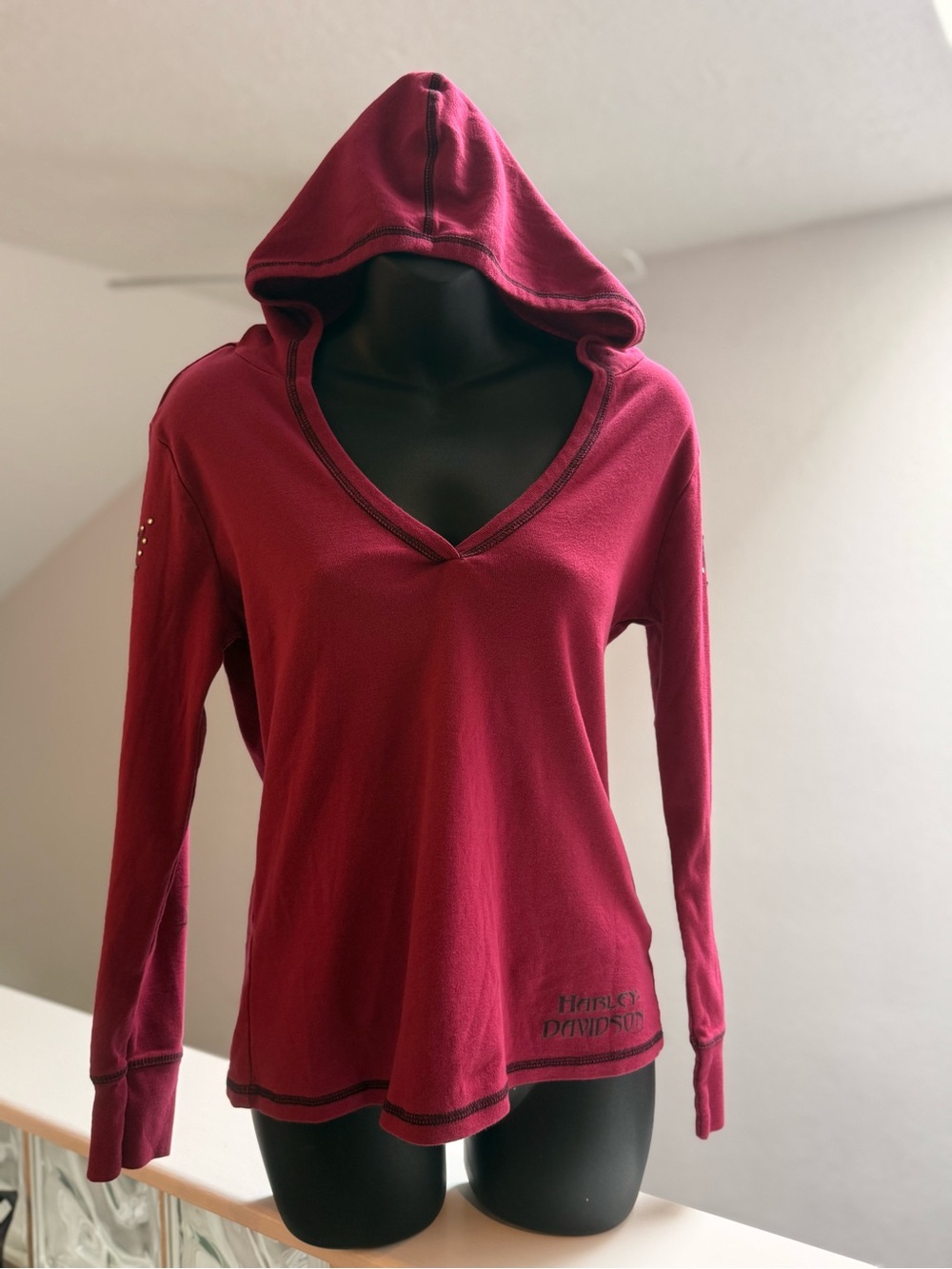 Harley-Davidson Women's Wine V-Neck Hooded Long Sleeve Top